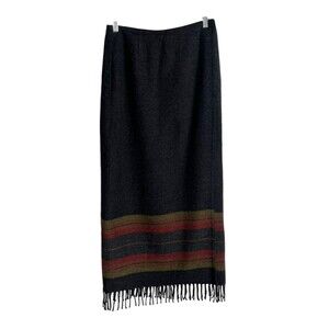 Jones New York Country Southwestern Midi Wrap Skirt Sz 6 Wool Blend Gray Fringe